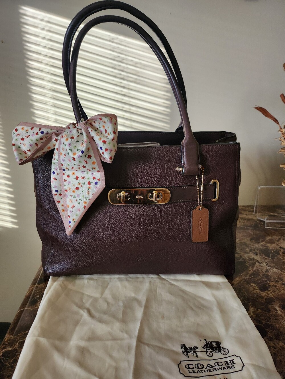 Coach Swagger Large Plum Leather Tote with Gold Hardware and Floral Scarf GUC
